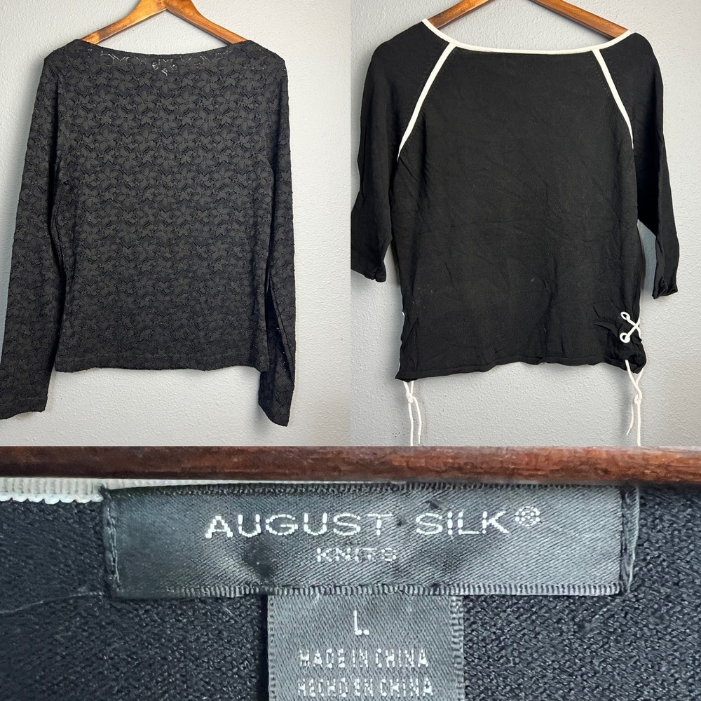 Lot of 2 August Silk Knit Tops Whisigoth Boat Neck L/SL Lace Up Detail‎ Size L